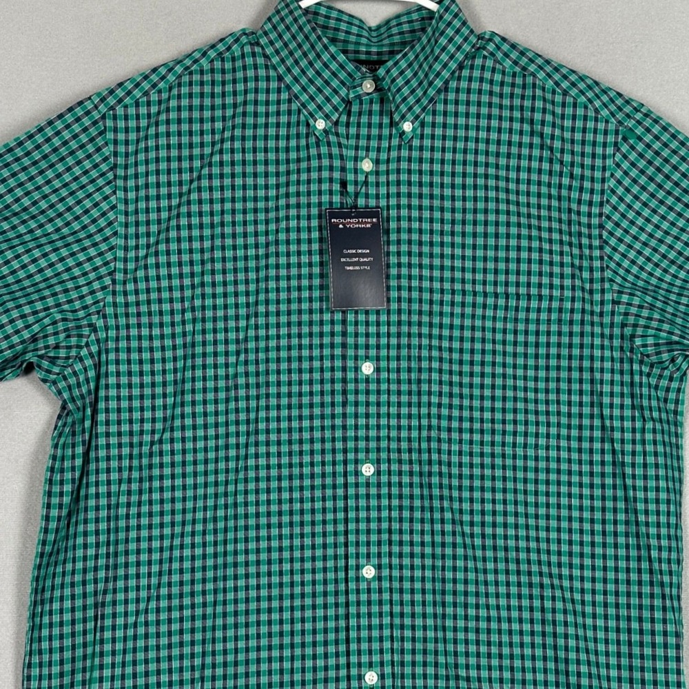 NEW Roundtree Yorke Shirt Men Large Green Gingham Check Button Down Short Sleeve